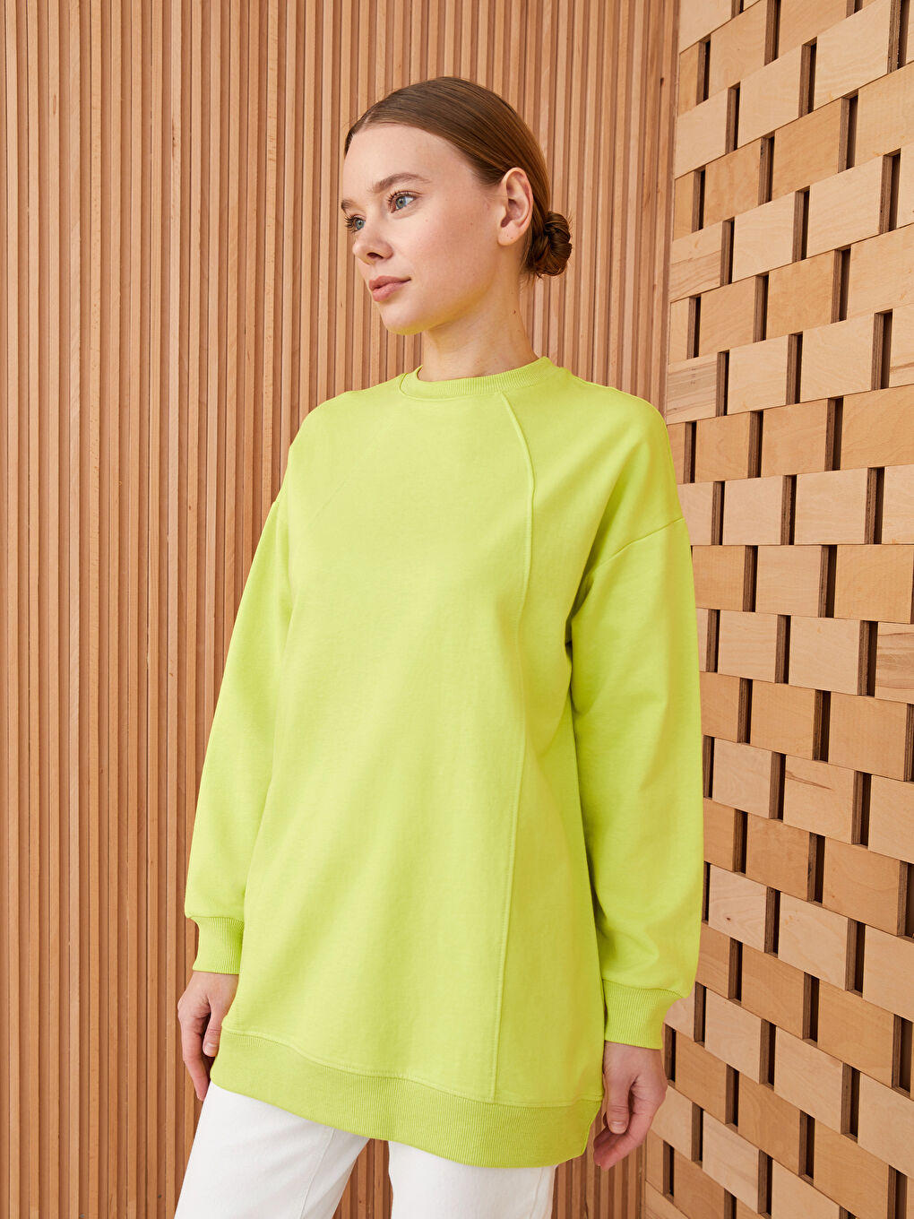 Crew Neck Plain Long Sleeve Women's Sweatshirt Tunic