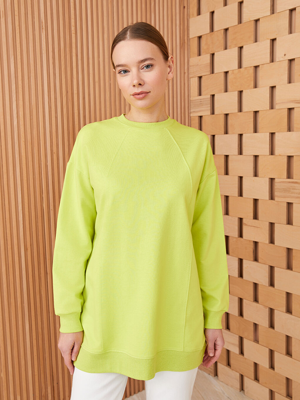 Crew Neck Plain Long Sleeve Women's Sweatshirt Tunic-1