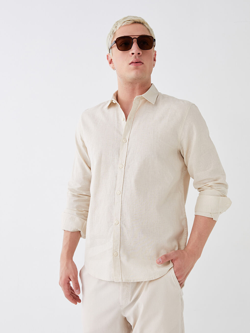 Bej Regular Fit Uzun Kollu Erkek Gömlek