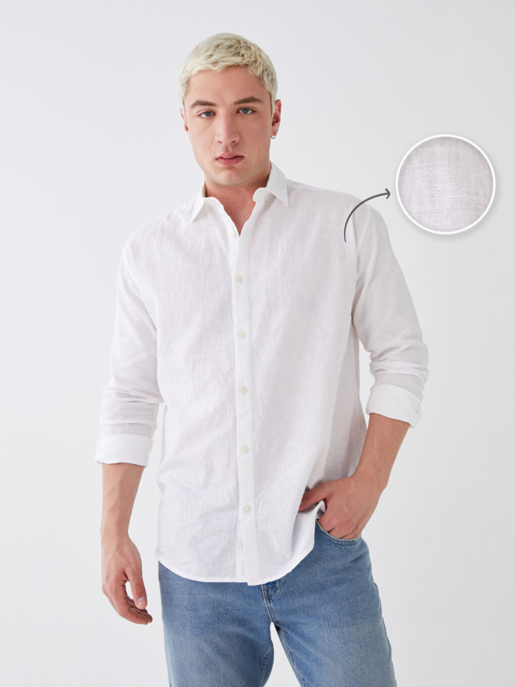 Beyaz Rahat Kalıp Uzun Kollu Erkek Gömlek