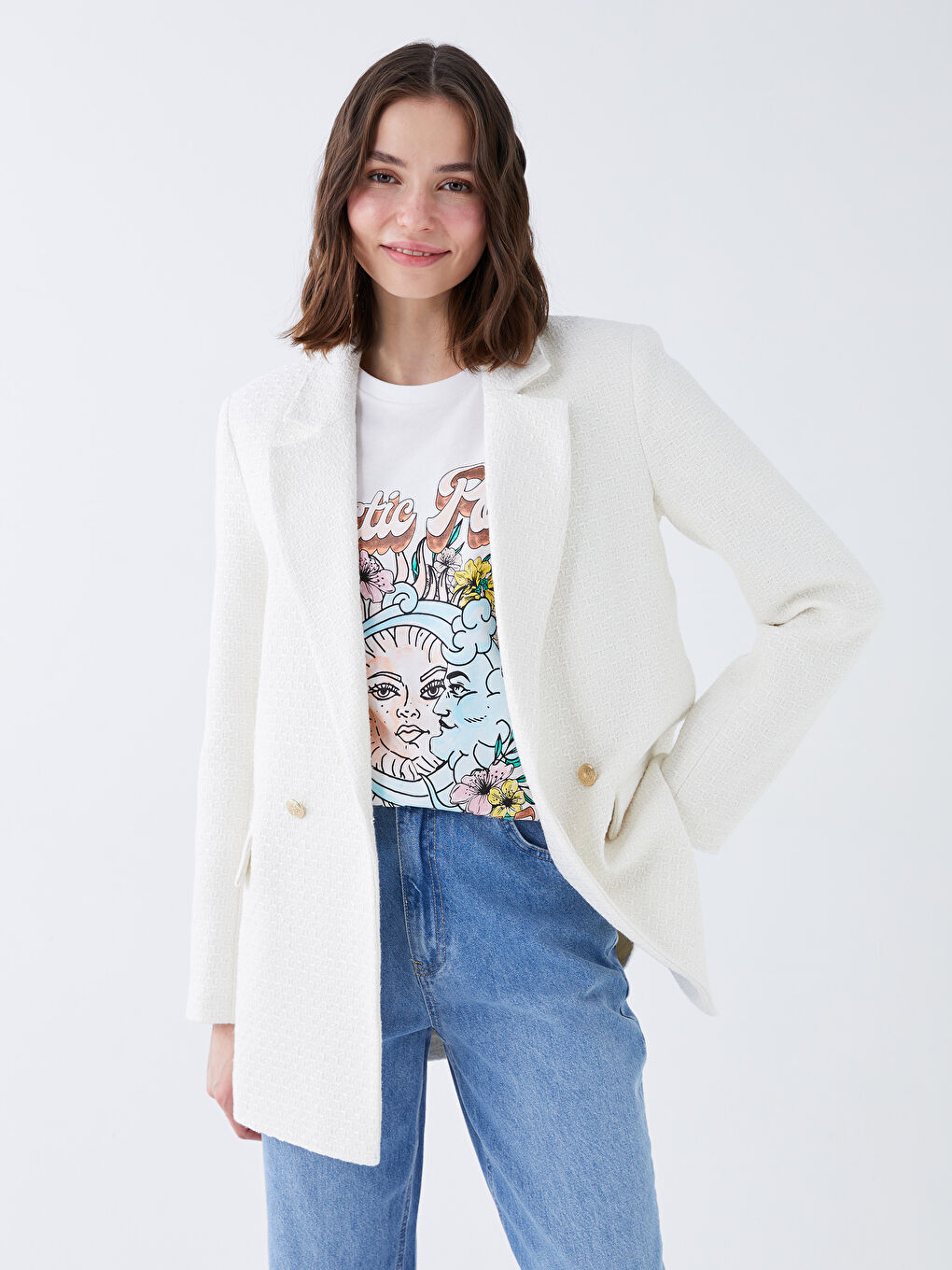 Ekru Kendinden Desenli Uzun Kollu Kadın Tüvit Blazer Ceket