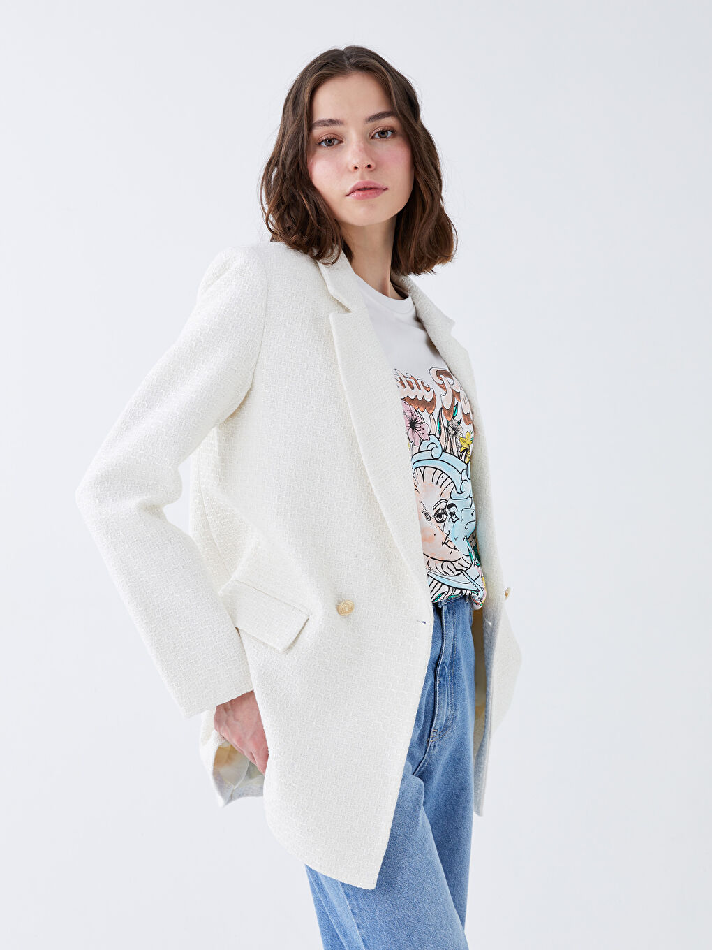 Ekru Kendinden Desenli Uzun Kollu Kadın Tüvit Blazer Ceket-1