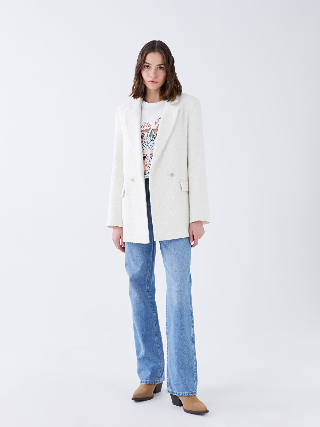 Ekru Kendinden Desenli Uzun Kollu Kadın Tüvit Blazer Ceket-2