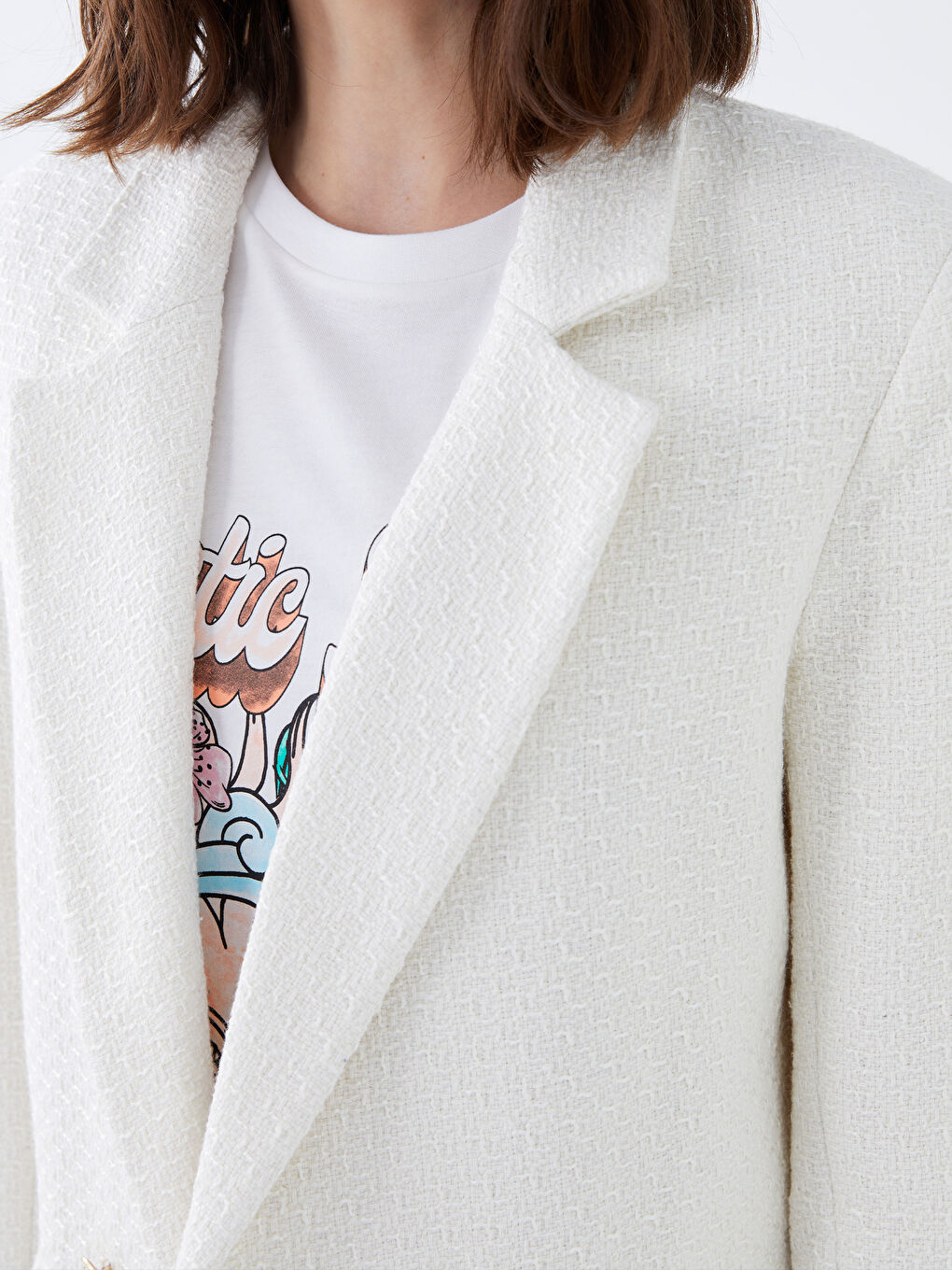 Ekru Kendinden Desenli Uzun Kollu Kadın Tüvit Blazer Ceket-3