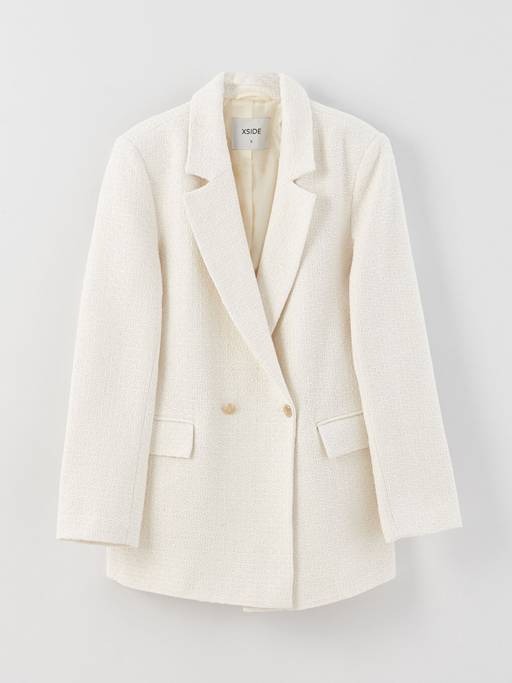 Ekru Kendinden Desenli Uzun Kollu Kadın Tüvit Blazer Ceket-5