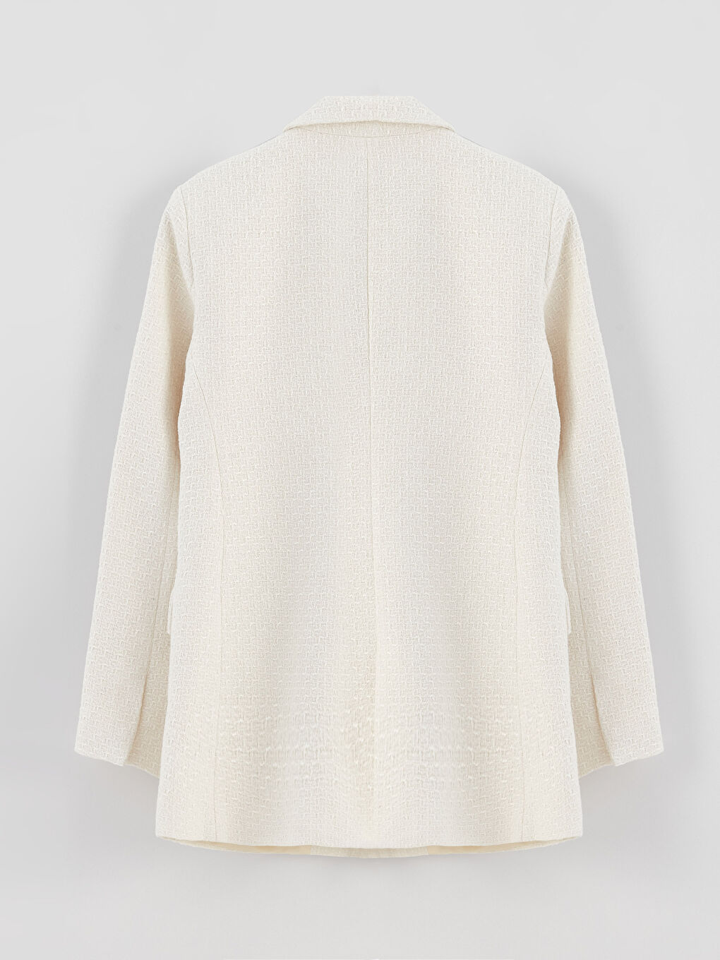 Ekru Kendinden Desenli Uzun Kollu Kadın Tüvit Blazer Ceket-6