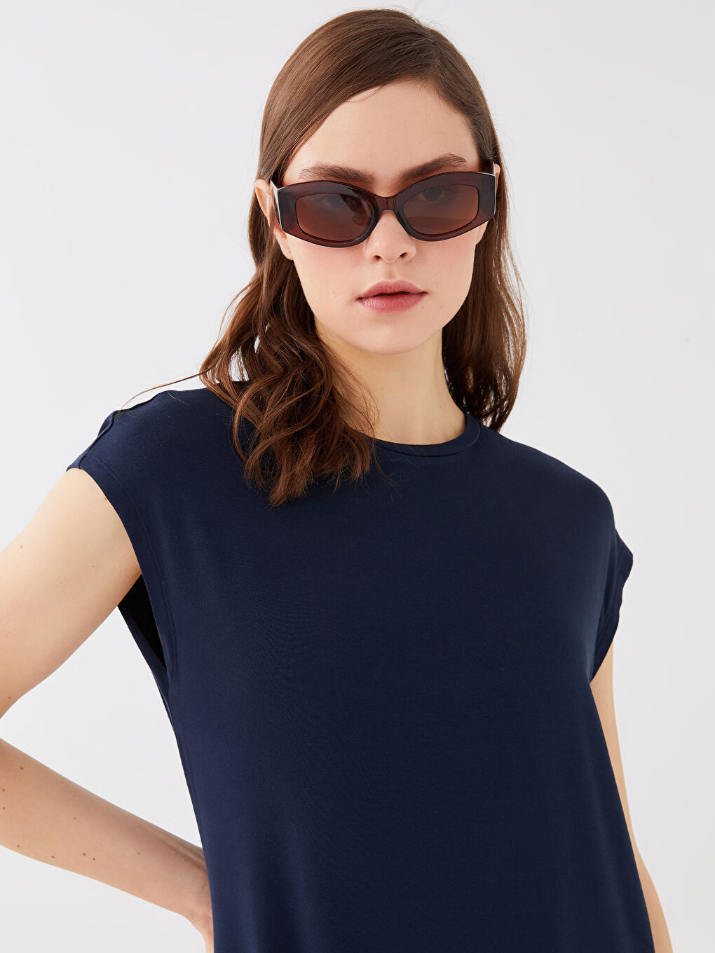 Lacivert Kadın Bisiklet Yaka Düz Kolsuz Tunik