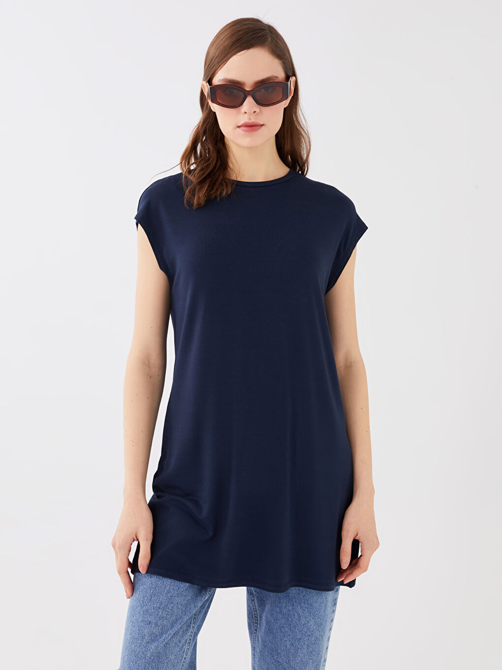 Lacivert Kadın Bisiklet Yaka Düz Kolsuz Tunik-1