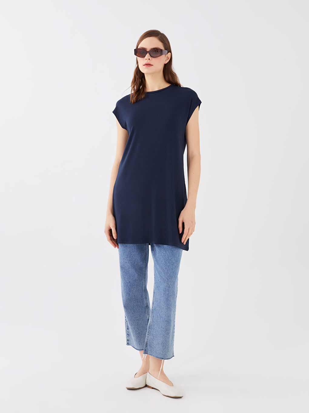 Lacivert Kadın Bisiklet Yaka Düz Kolsuz Tunik-2