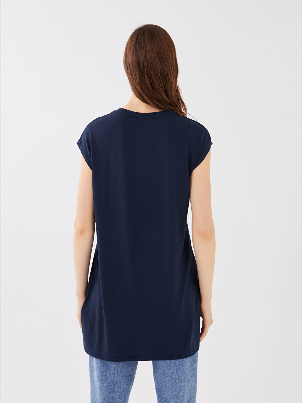 Lacivert Kadın Bisiklet Yaka Düz Kolsuz Tunik-4