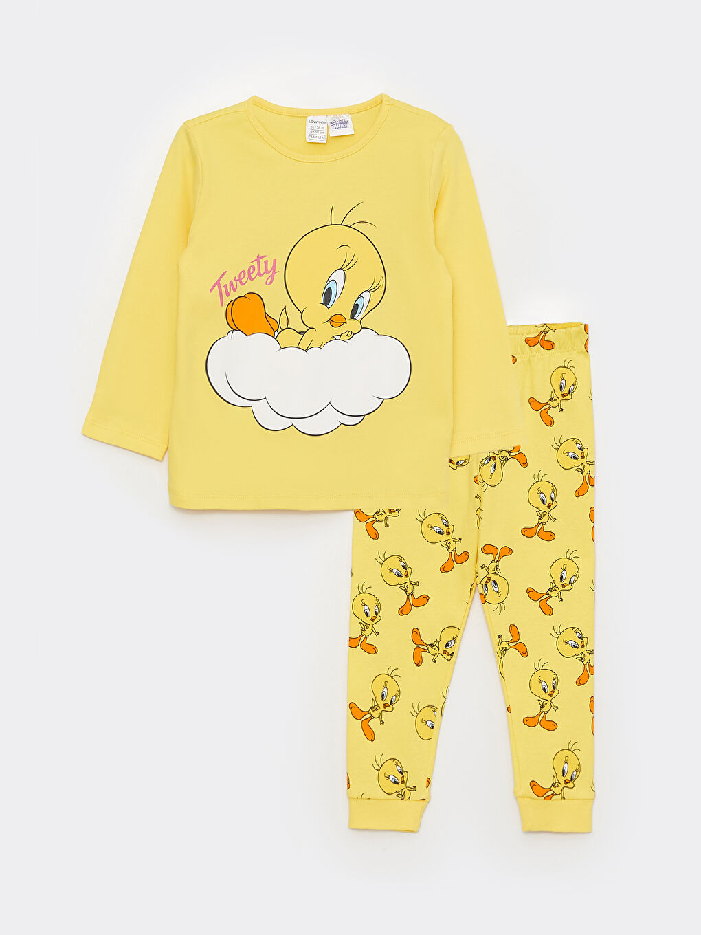 Crew Neck Long Sleeved Tweety Printed Baby Girl Pyjamas Set
