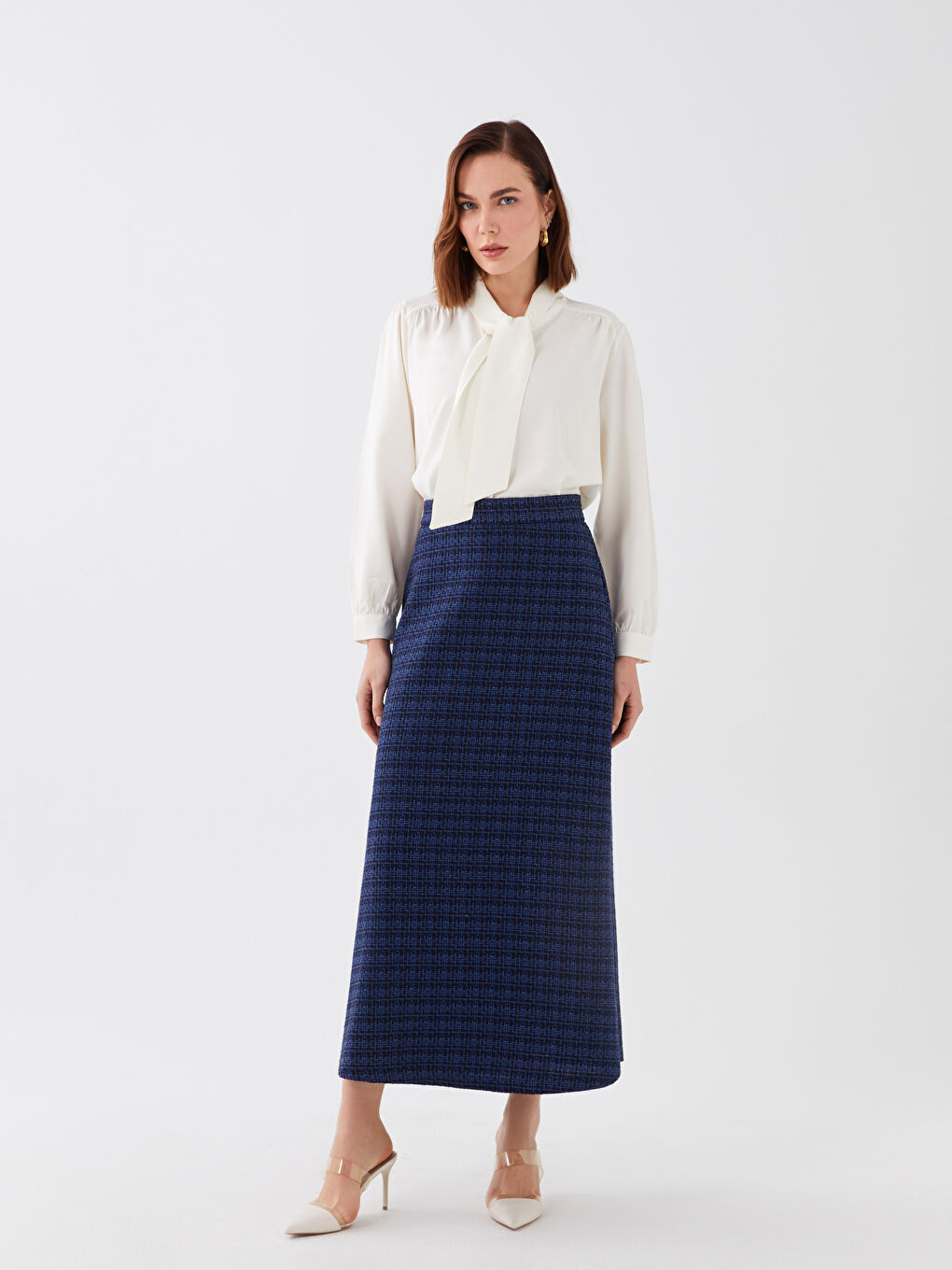 Buttoned Waist Plaid A-Line Tweed Skirt for Women -S3EK52Z8-LGS