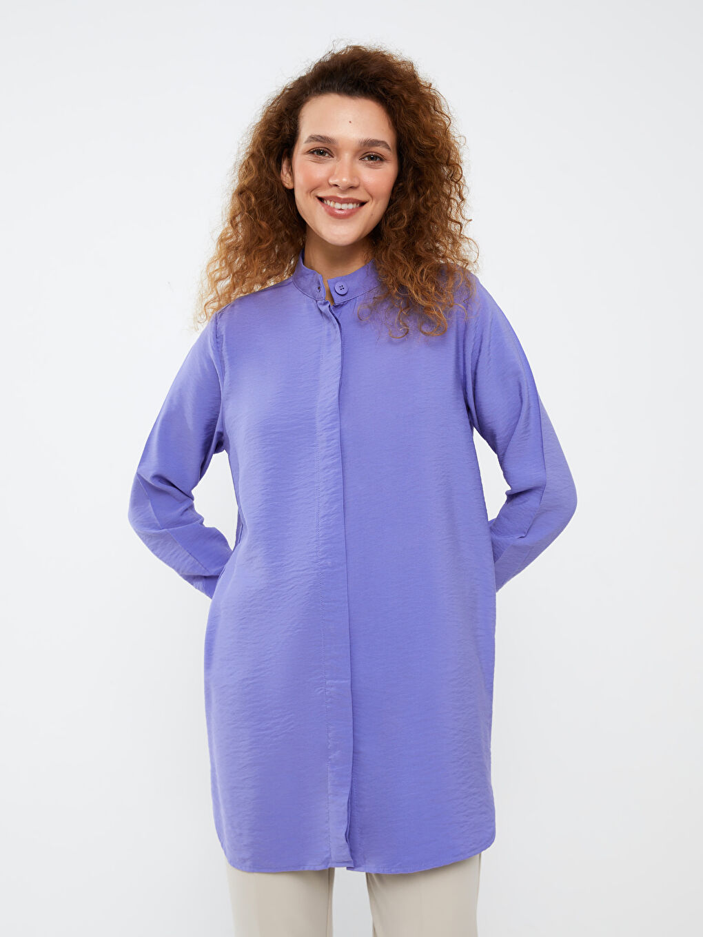 Mor Hakim Yaka Düz Uzun Kollu Kadın Tunik