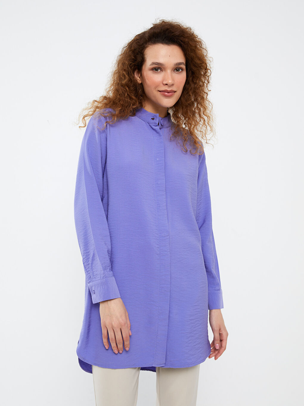 Mor Hakim Yaka Düz Uzun Kollu Kadın Tunik-1