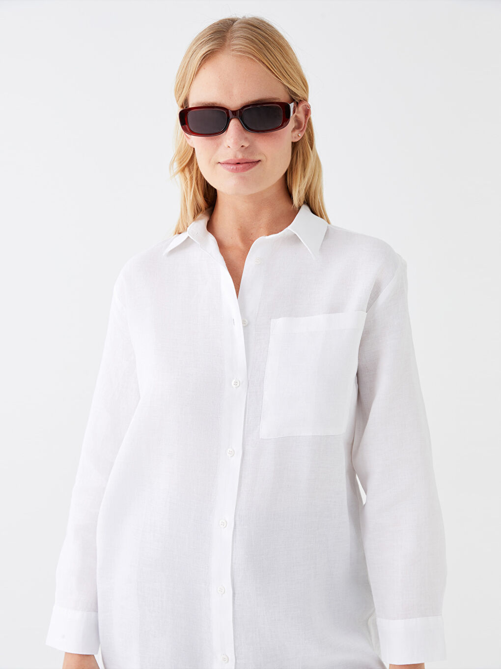 Beyaz %100 Keten Kadın Gömlek Tunik-1