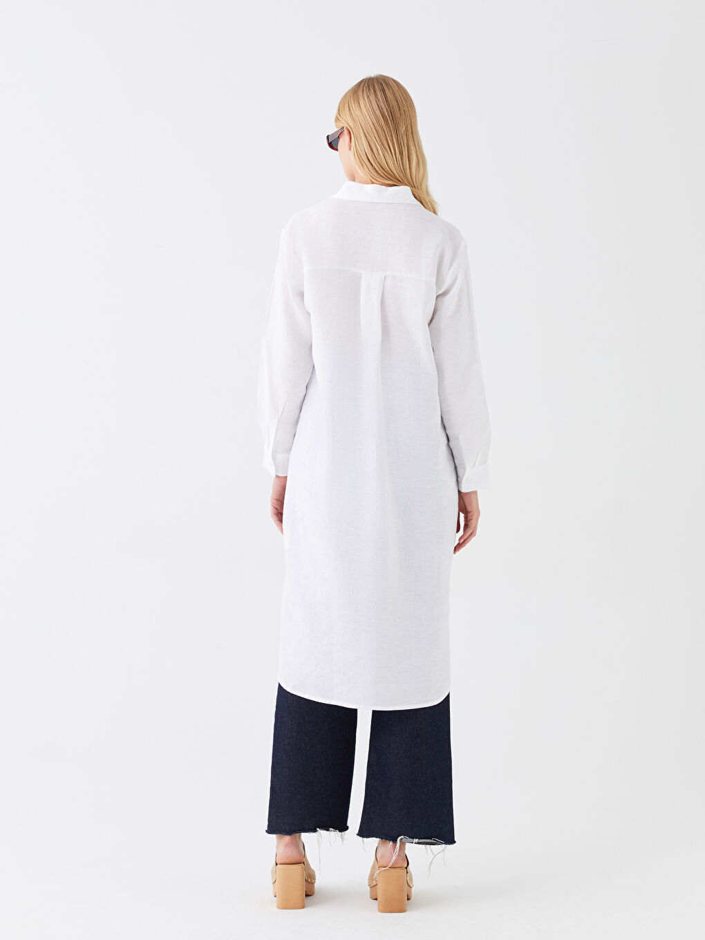 Beyaz %100 Keten Kadın Gömlek Tunik-3