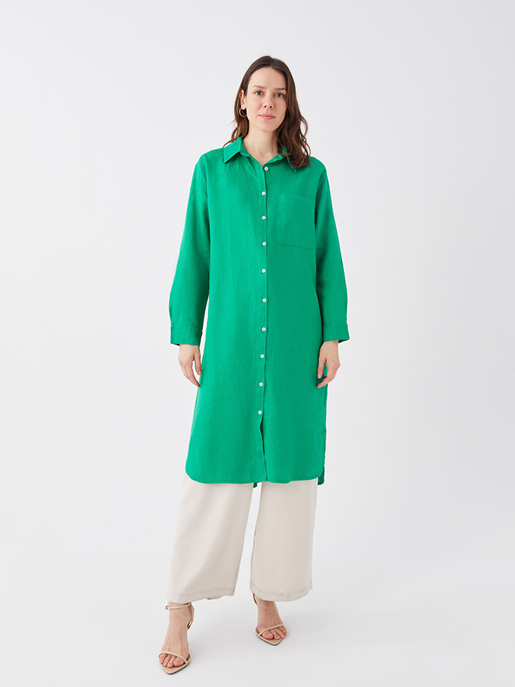 Yeşil %100 Keten Kadın Gömlek Tunik