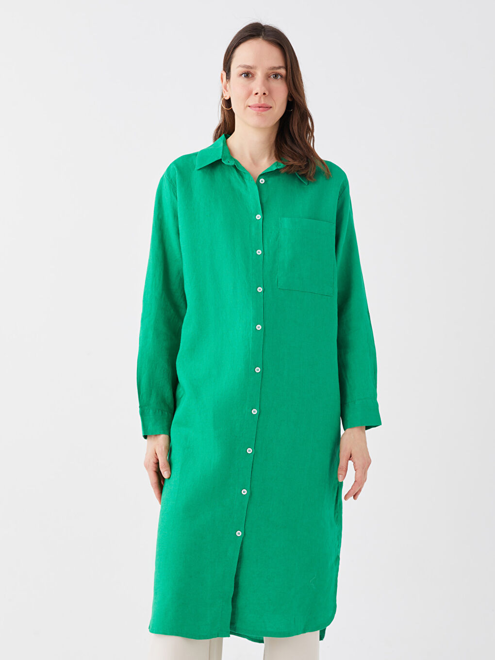 Yeşil %100 Keten Kadın Gömlek Tunik-2