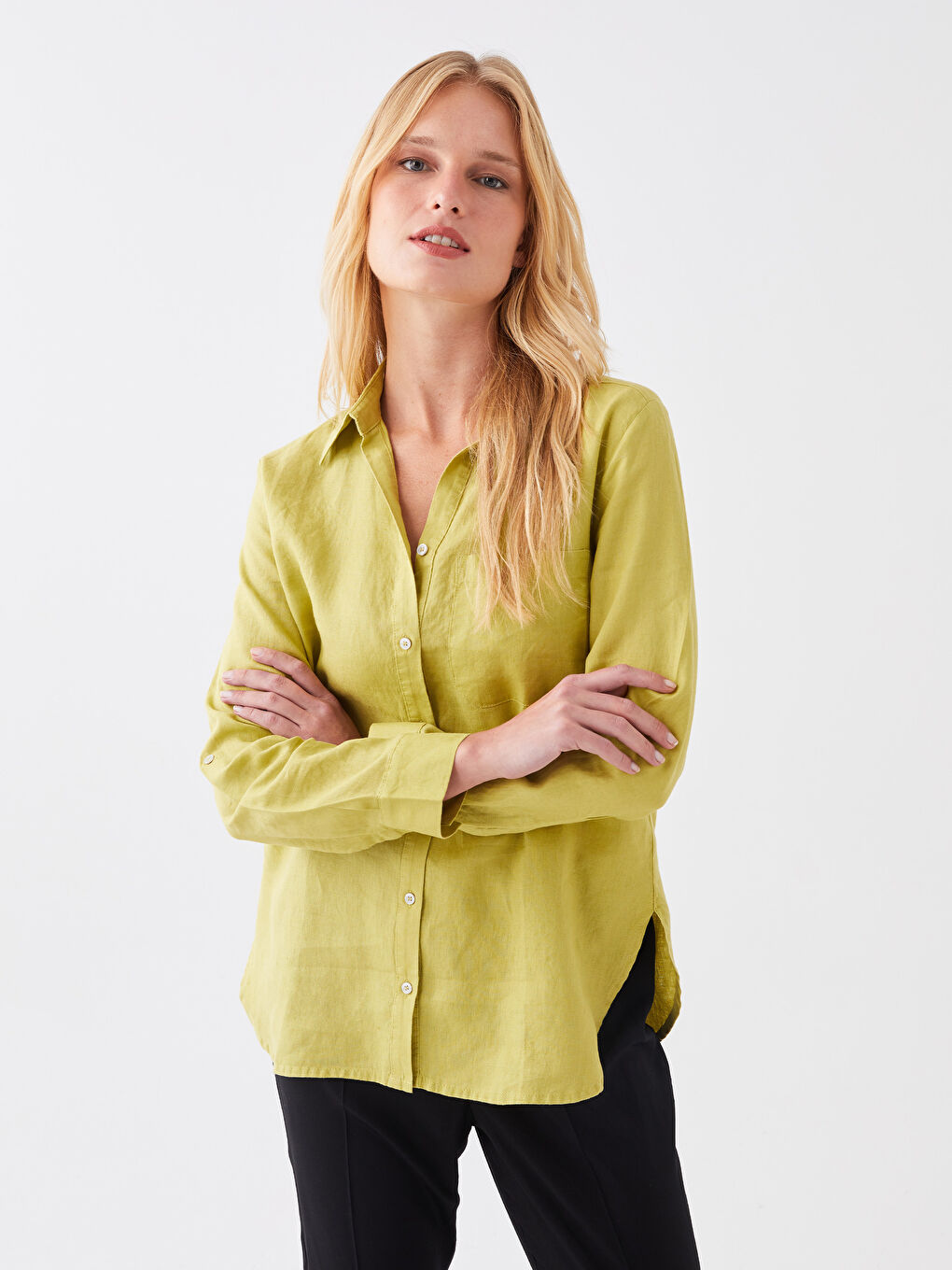 Yeşil %100 Keten Kadın Gömlek