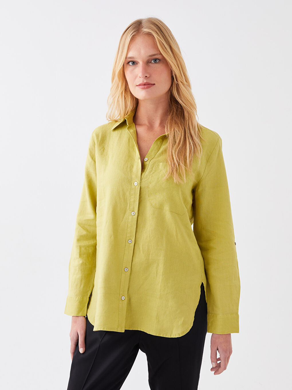 Yeşil %100 Keten Kadın Gömlek-1