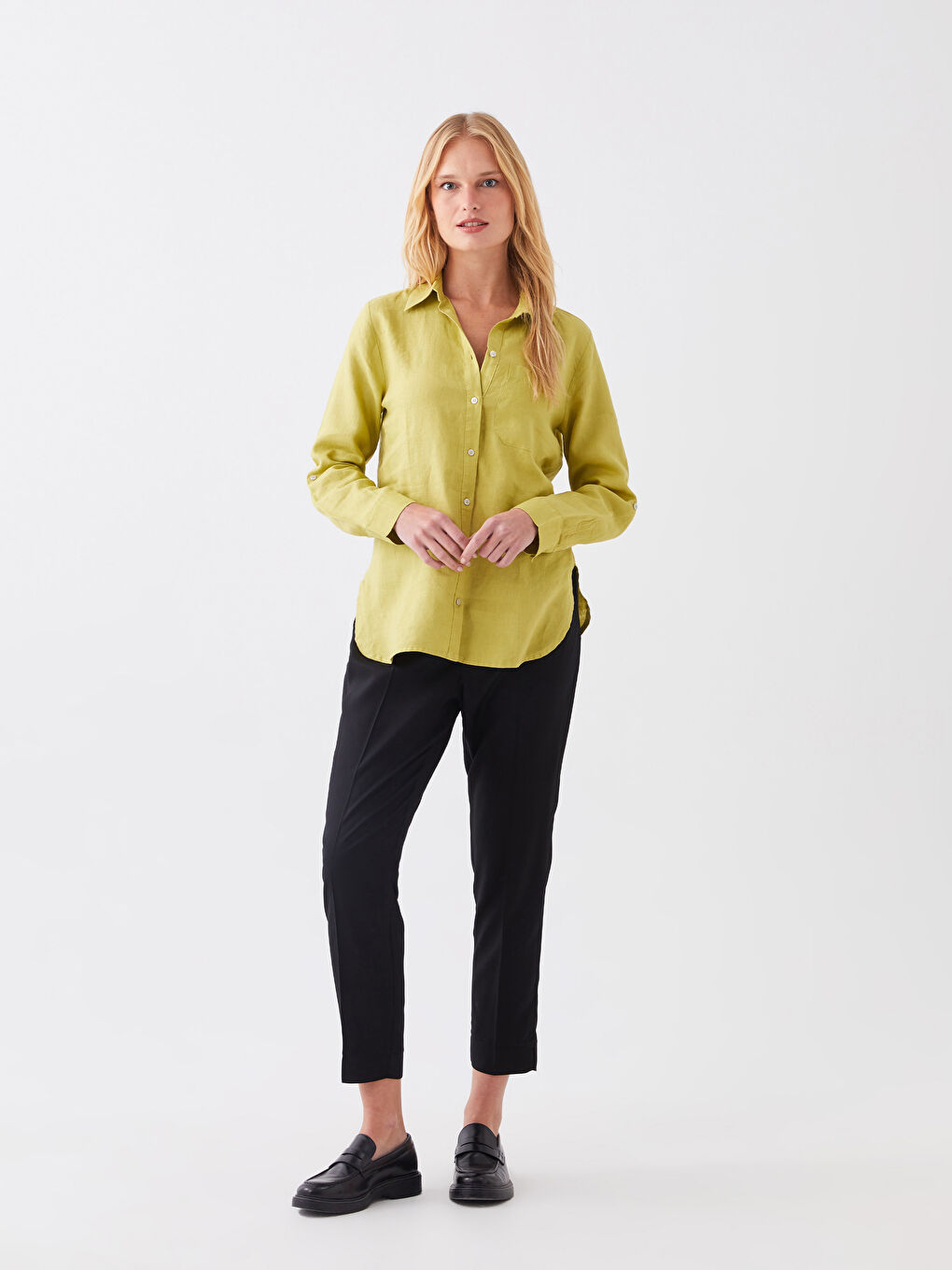 Yeşil %100 Keten Kadın Gömlek-2