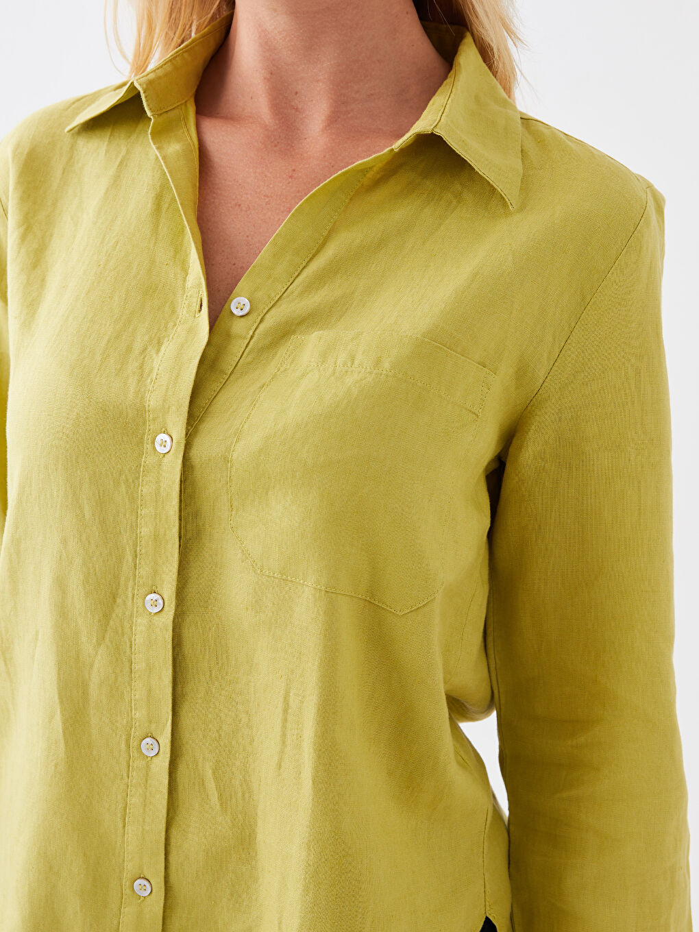 Yeşil %100 Keten Kadın Gömlek-3