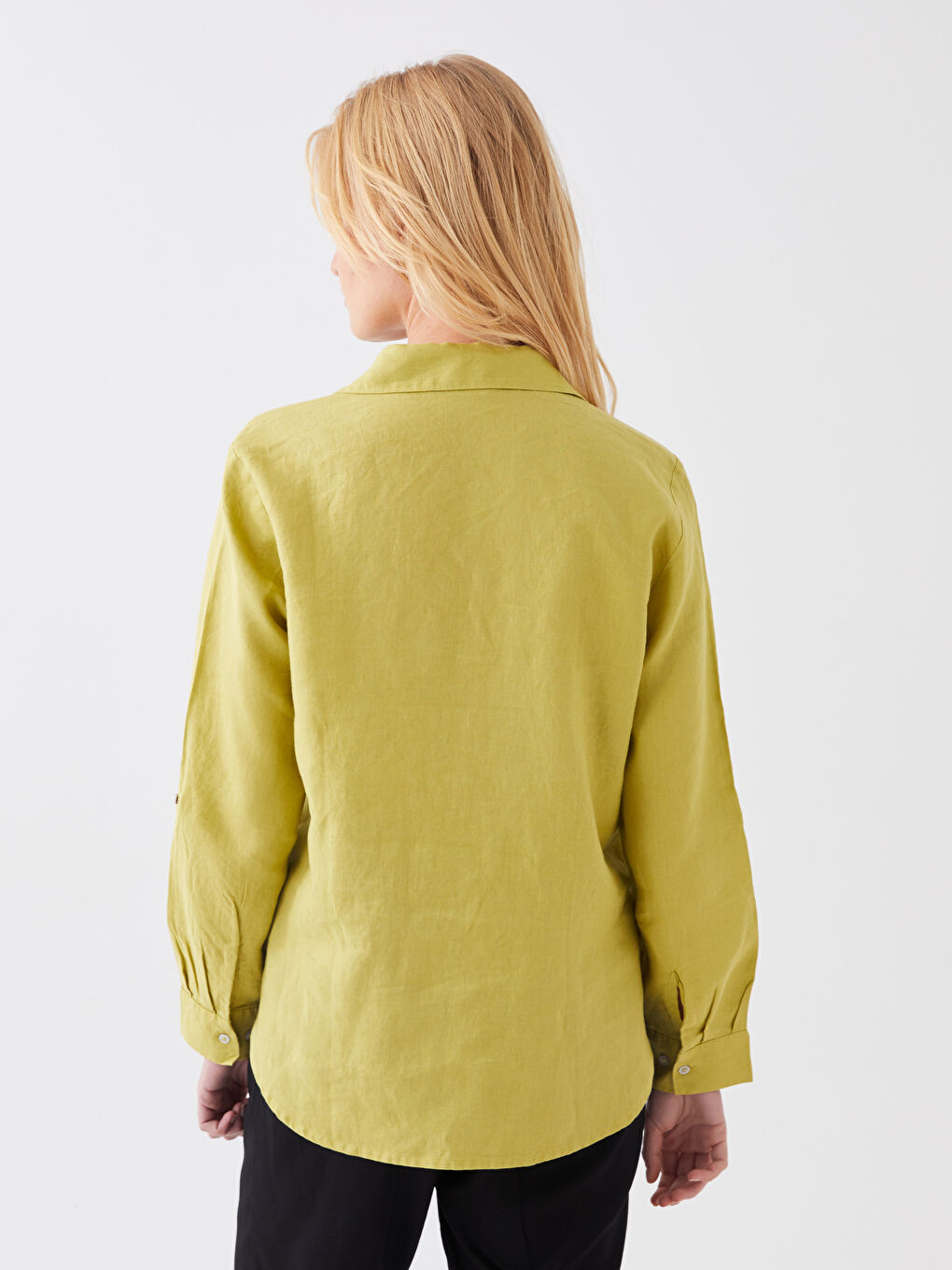 Yeşil %100 Keten Kadın Gömlek-4
