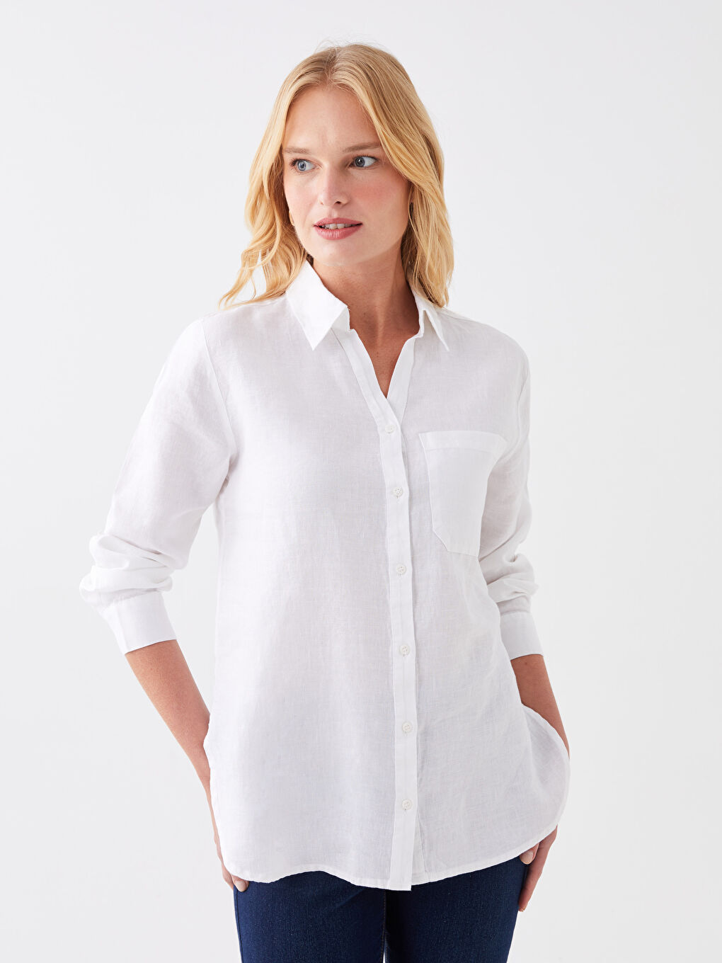 Beyaz %100 Keten Kadın Gömlek-1