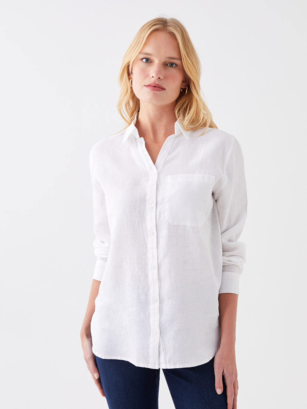 Beyaz %100 Keten Kadın Gömlek-3