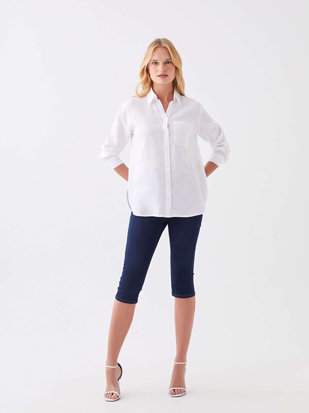 Beyaz %100 Keten Kadın Gömlek-5