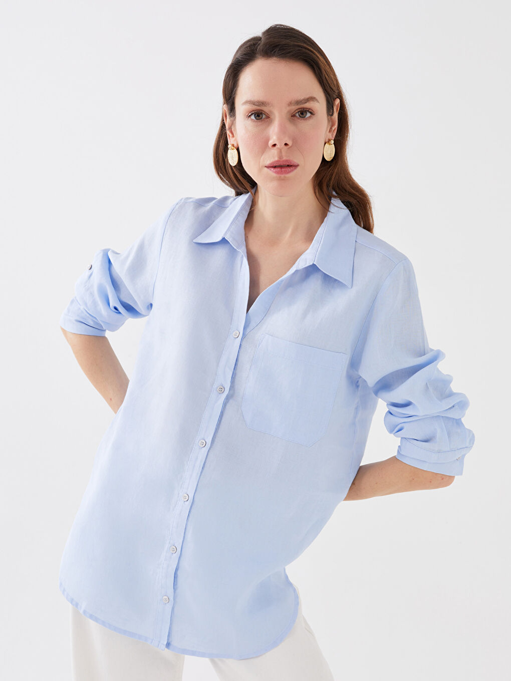 Mavi %100 Keten Kadın Gömlek