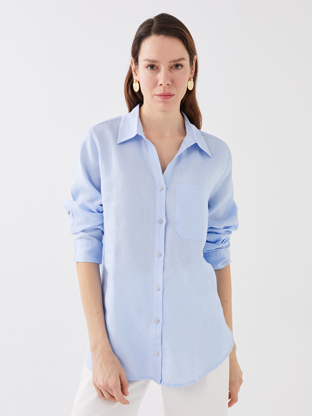 Mavi %100 Keten Kadın Gömlek-1