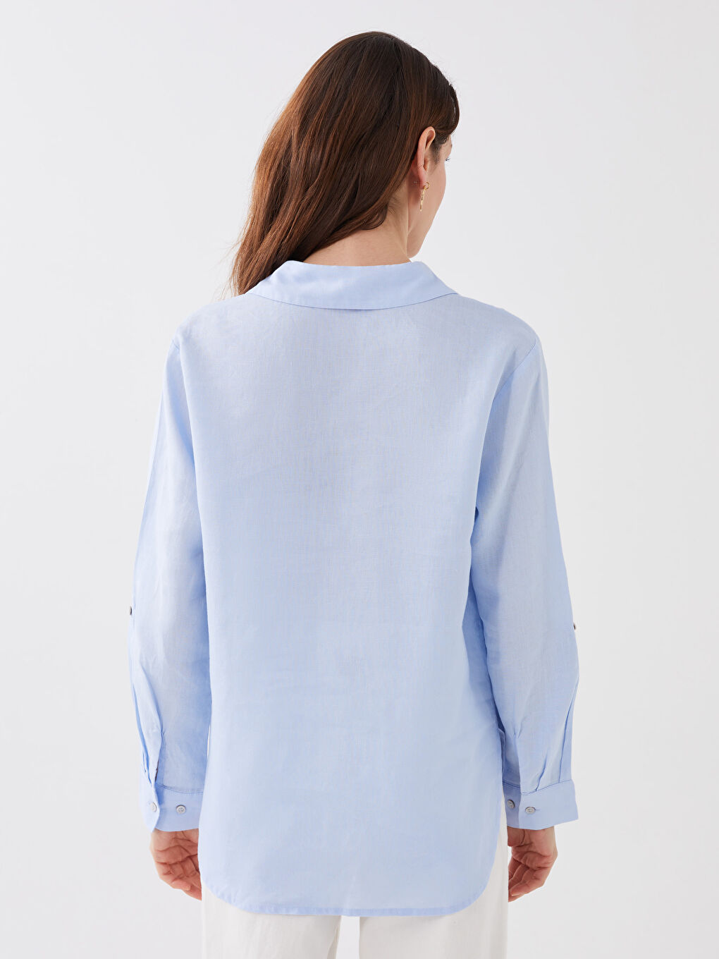 Mavi %100 Keten Kadın Gömlek-4