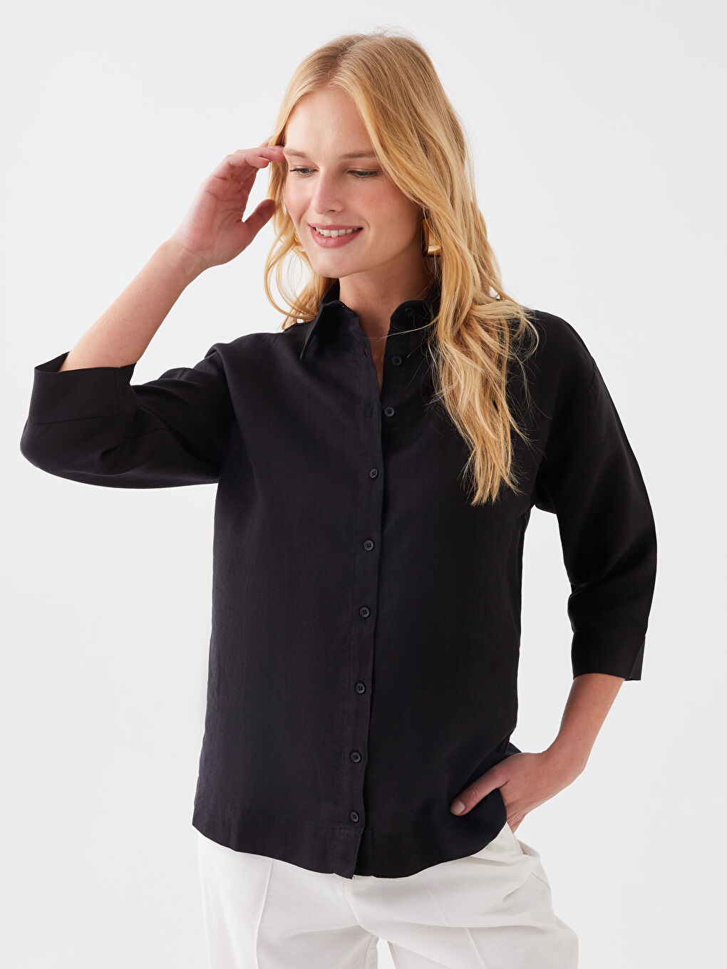 LCWAIKIKI Classic Siyah Oversize %100 Keten Kadın Gömlek