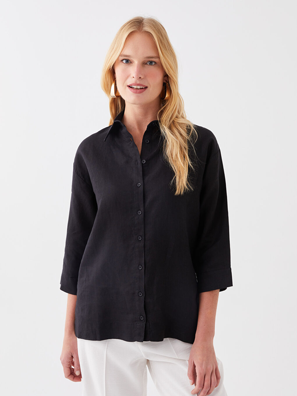 LCWAIKIKI Classic Siyah Oversize %100 Keten Kadın Gömlek - 1