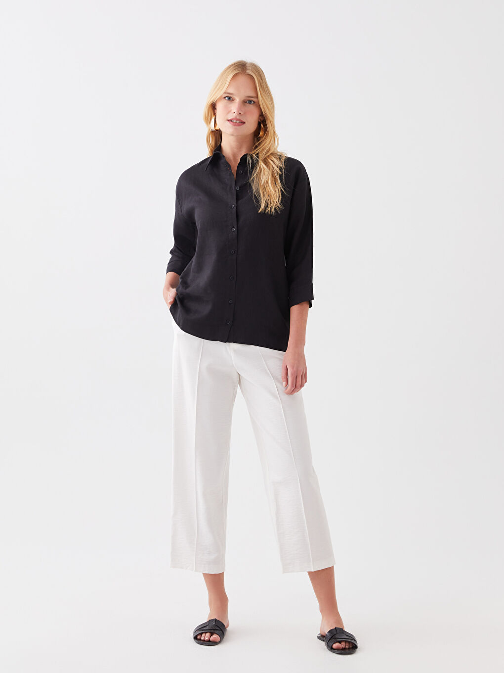 LCWAIKIKI Classic Siyah Oversize %100 Keten Kadın Gömlek - 2