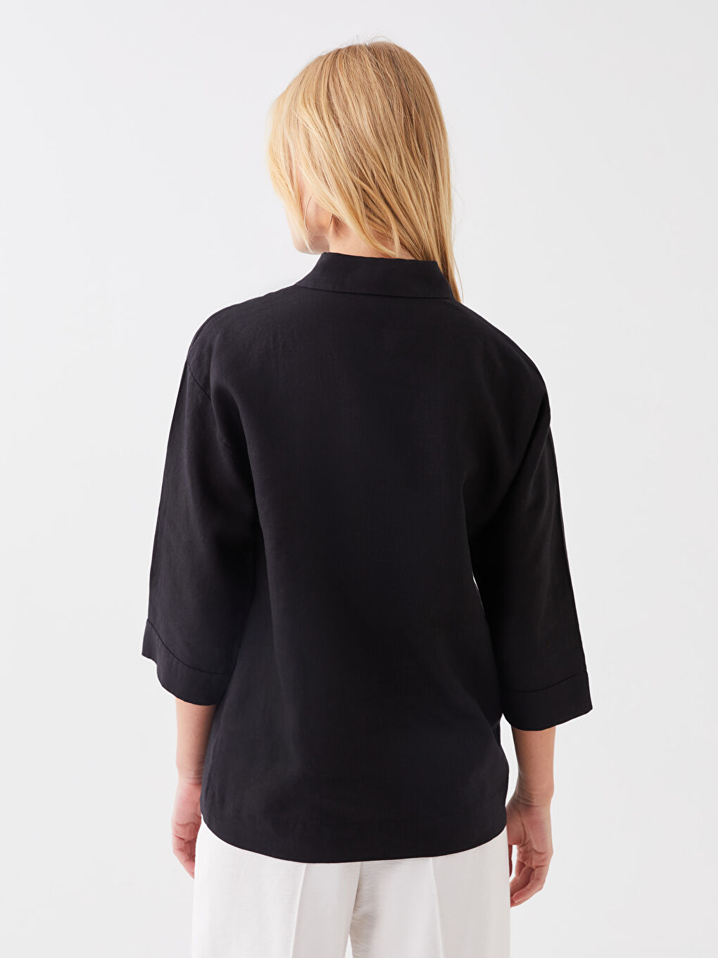 LCWAIKIKI Classic Siyah Oversize %100 Keten Kadın Gömlek - 4