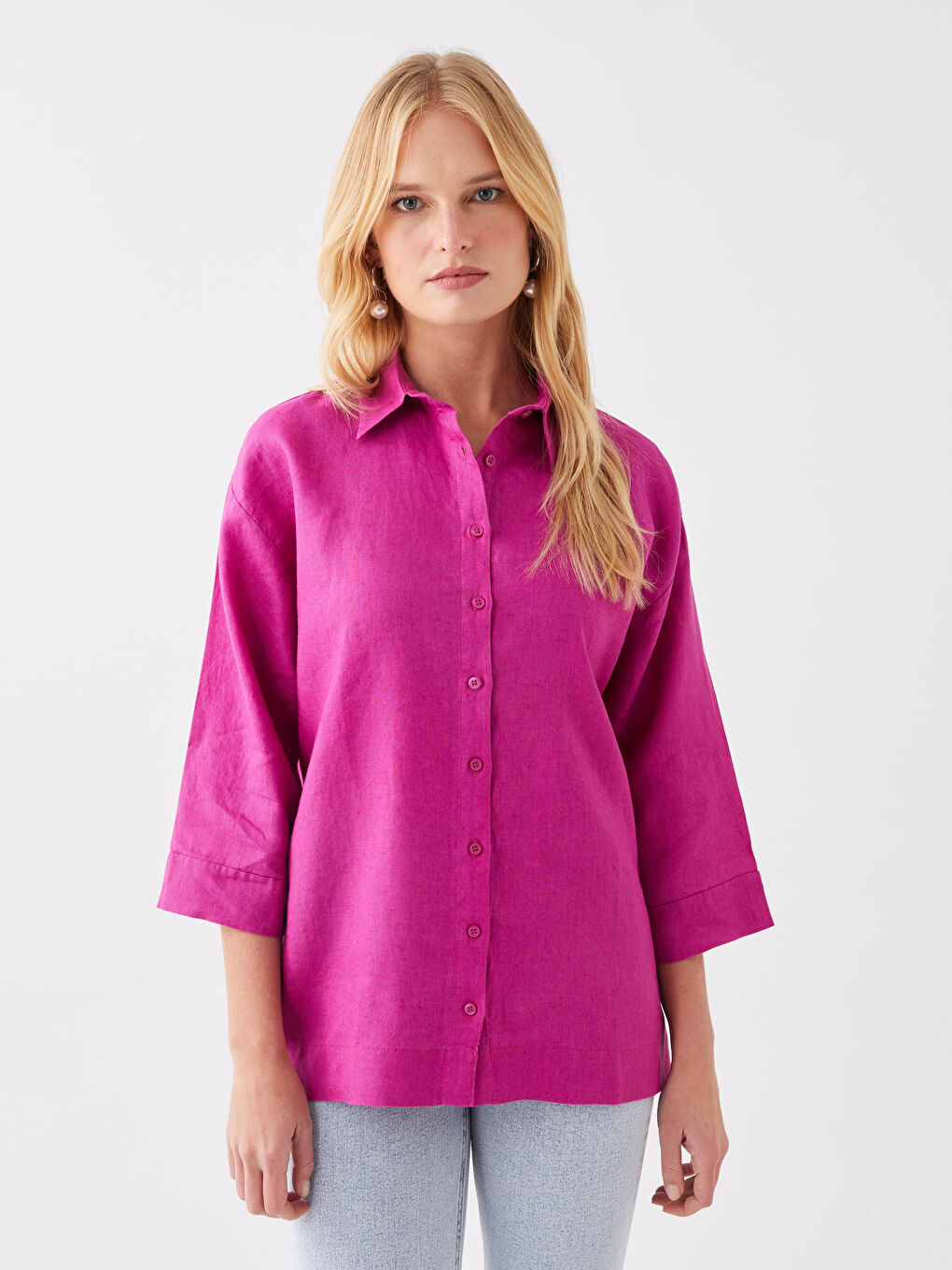 Fuşya Oversize %100 Keten Kadın Gömlek-1