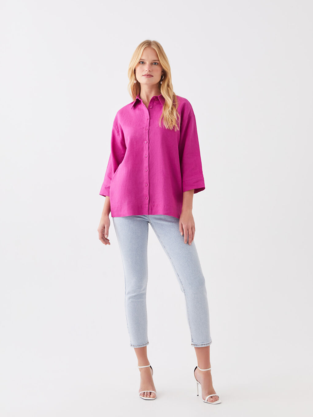 Fuşya Oversize %100 Keten Kadın Gömlek-2