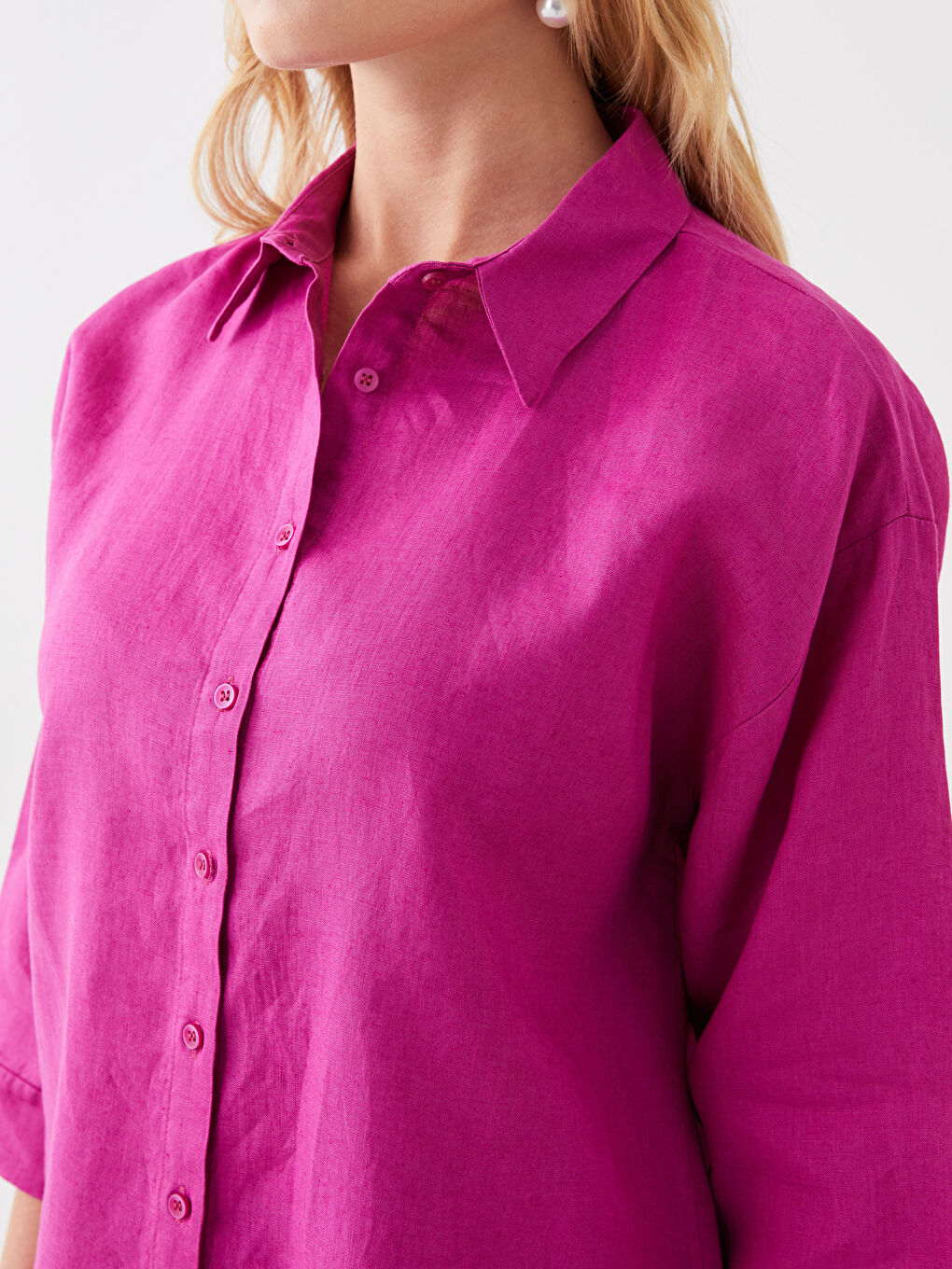 Fuşya Oversize %100 Keten Kadın Gömlek-3