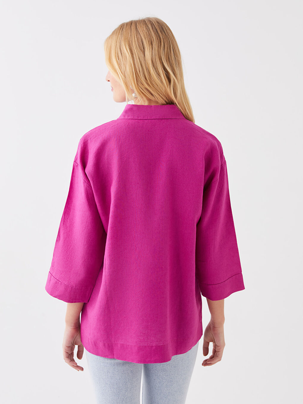 Fuşya Oversize %100 Keten Kadın Gömlek-4