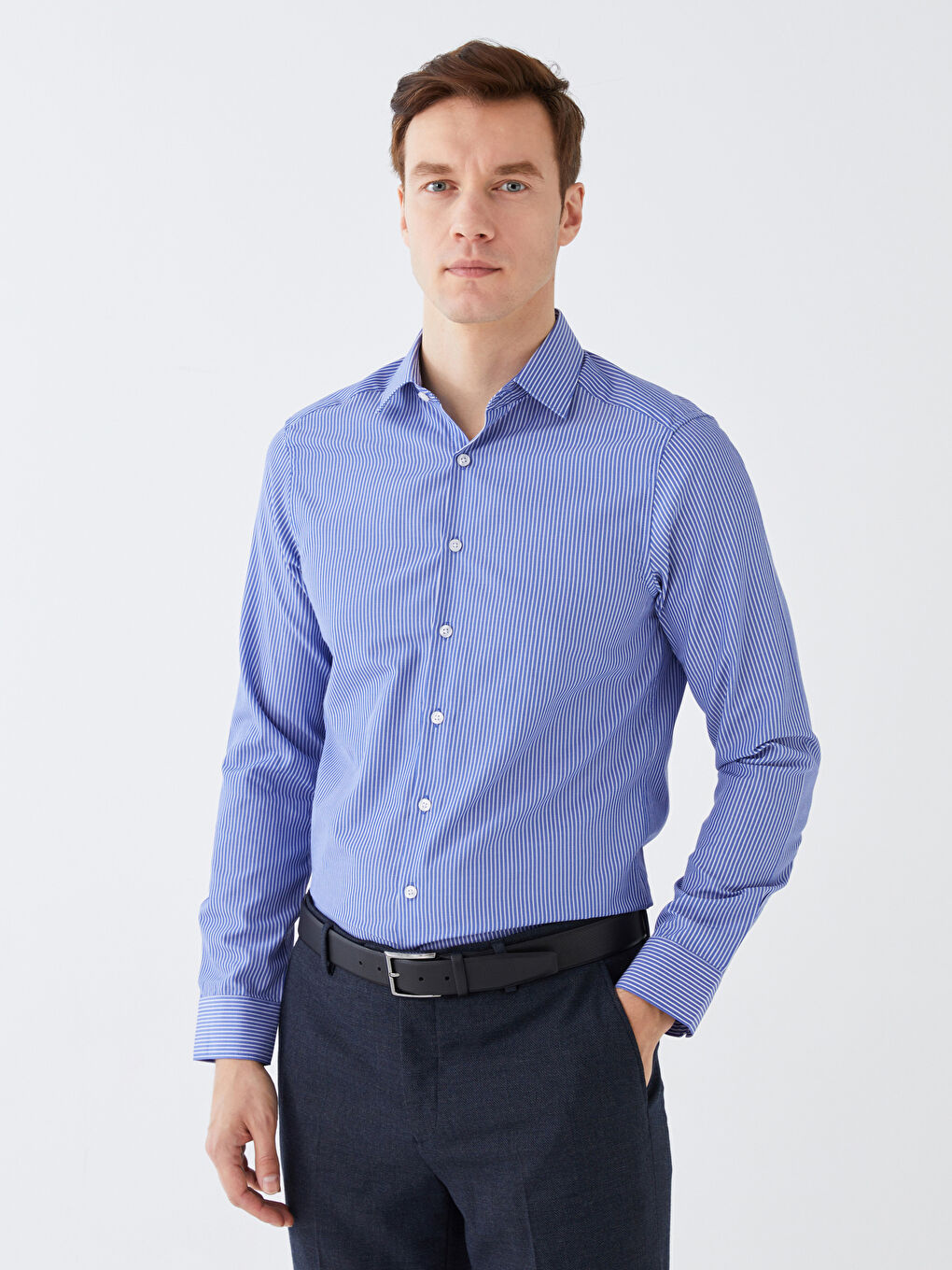 قميص رجالي مخطط كم طويل بقصة رفيعة من قماش التويل-2