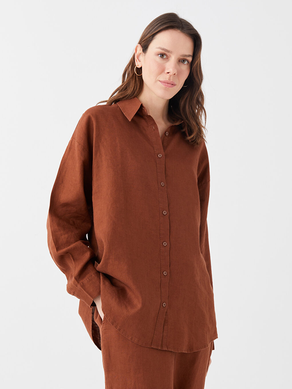 Kahverengi Oversize %100 Keten Kadın Gömlek-1