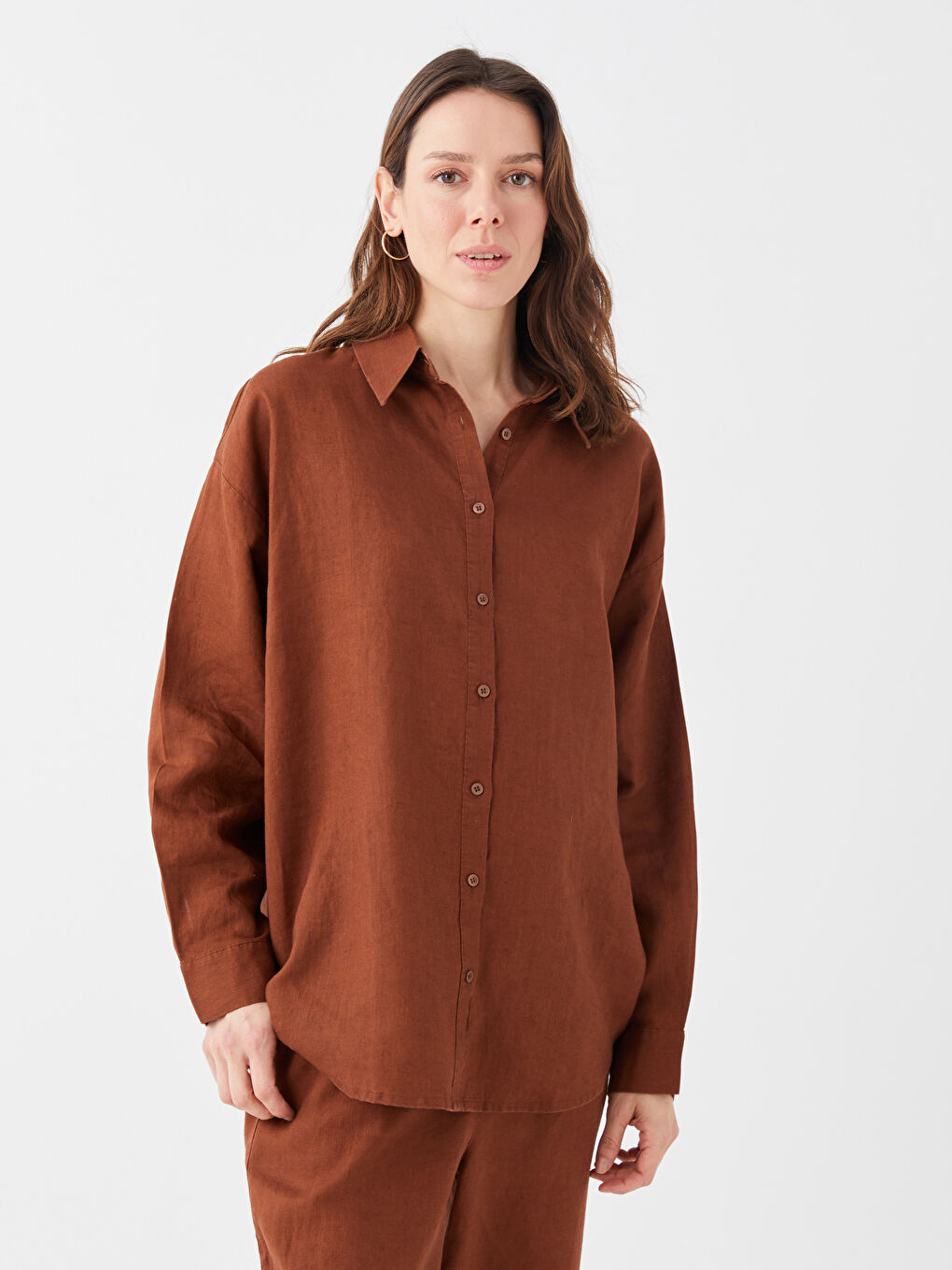 Kahverengi Oversize %100 Keten Kadın Gömlek-4
