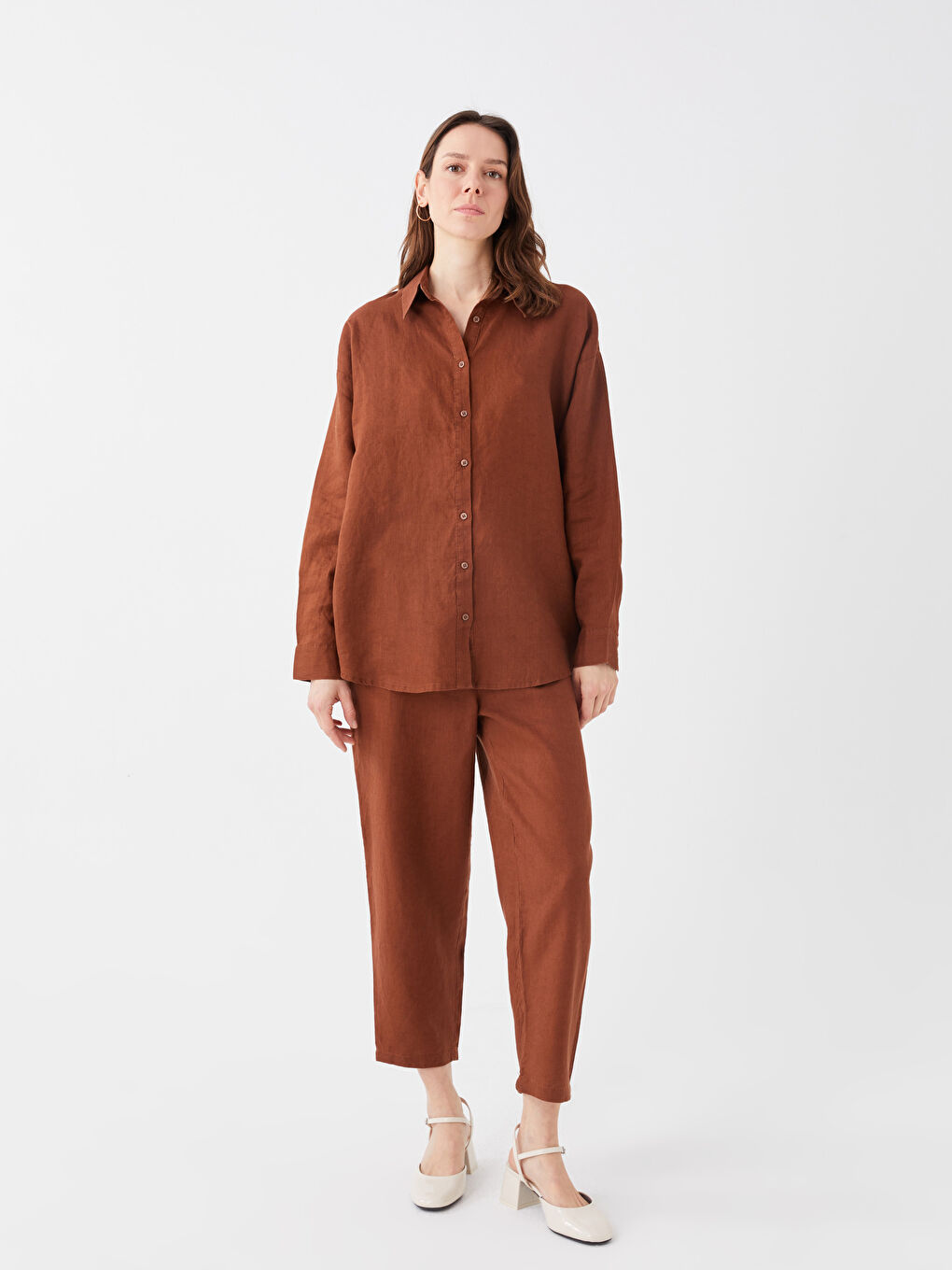 Kahverengi Oversize %100 Keten Kadın Gömlek-7