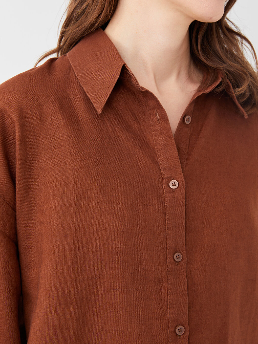Kahverengi Oversize %100 Keten Kadın Gömlek-9