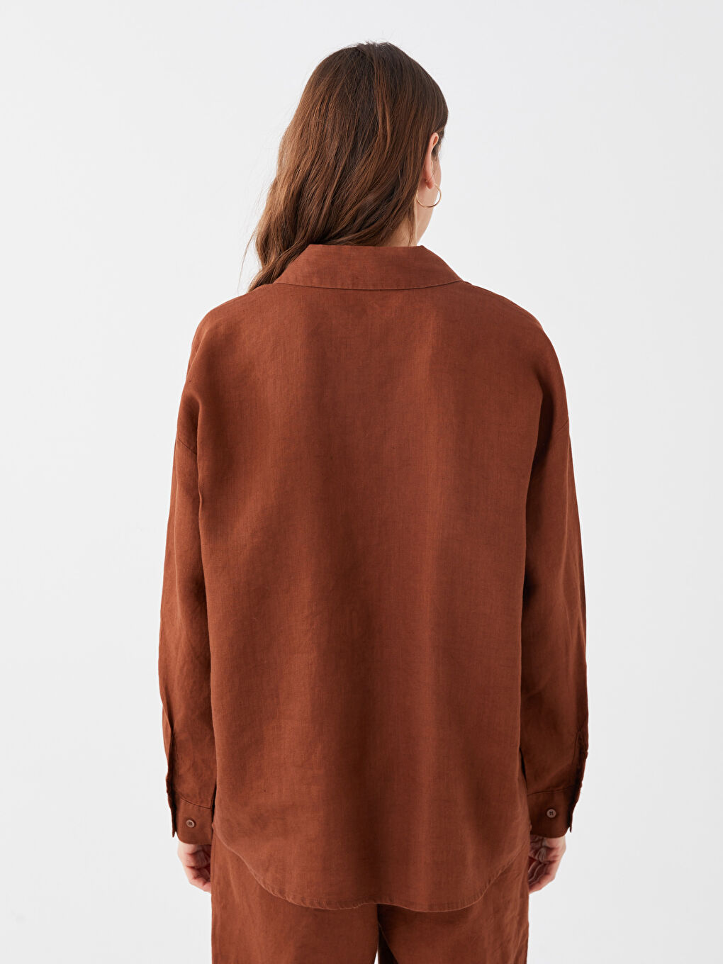 Kahverengi Oversize %100 Keten Kadın Gömlek-11