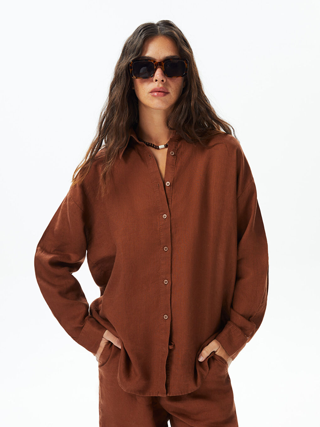 Kahverengi Oversize %100 Keten Kadın Gömlek