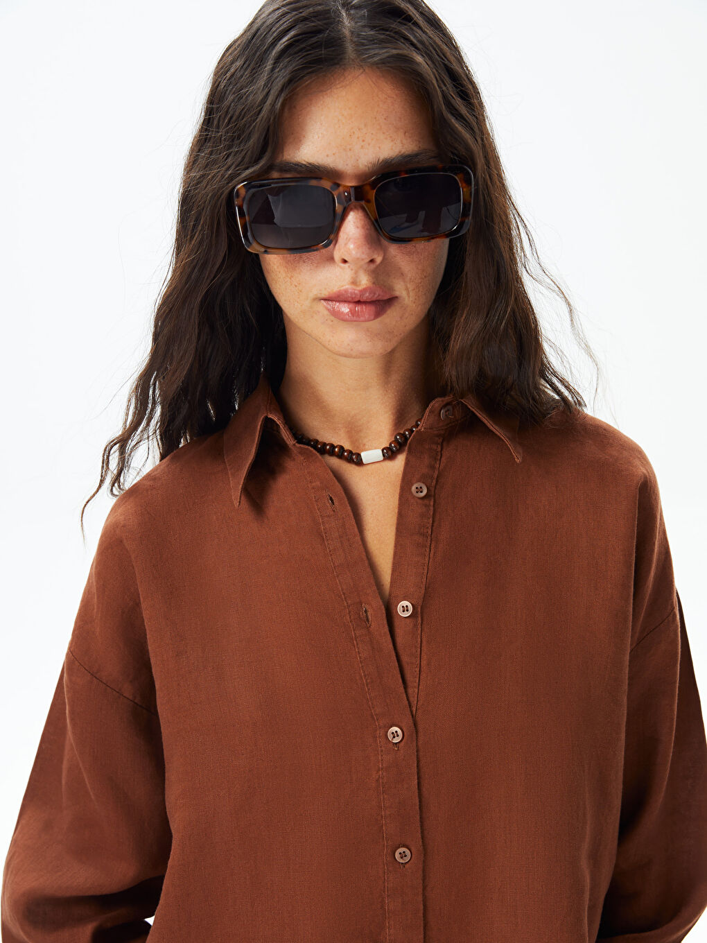 Kahverengi Oversize %100 Keten Kadın Gömlek-3