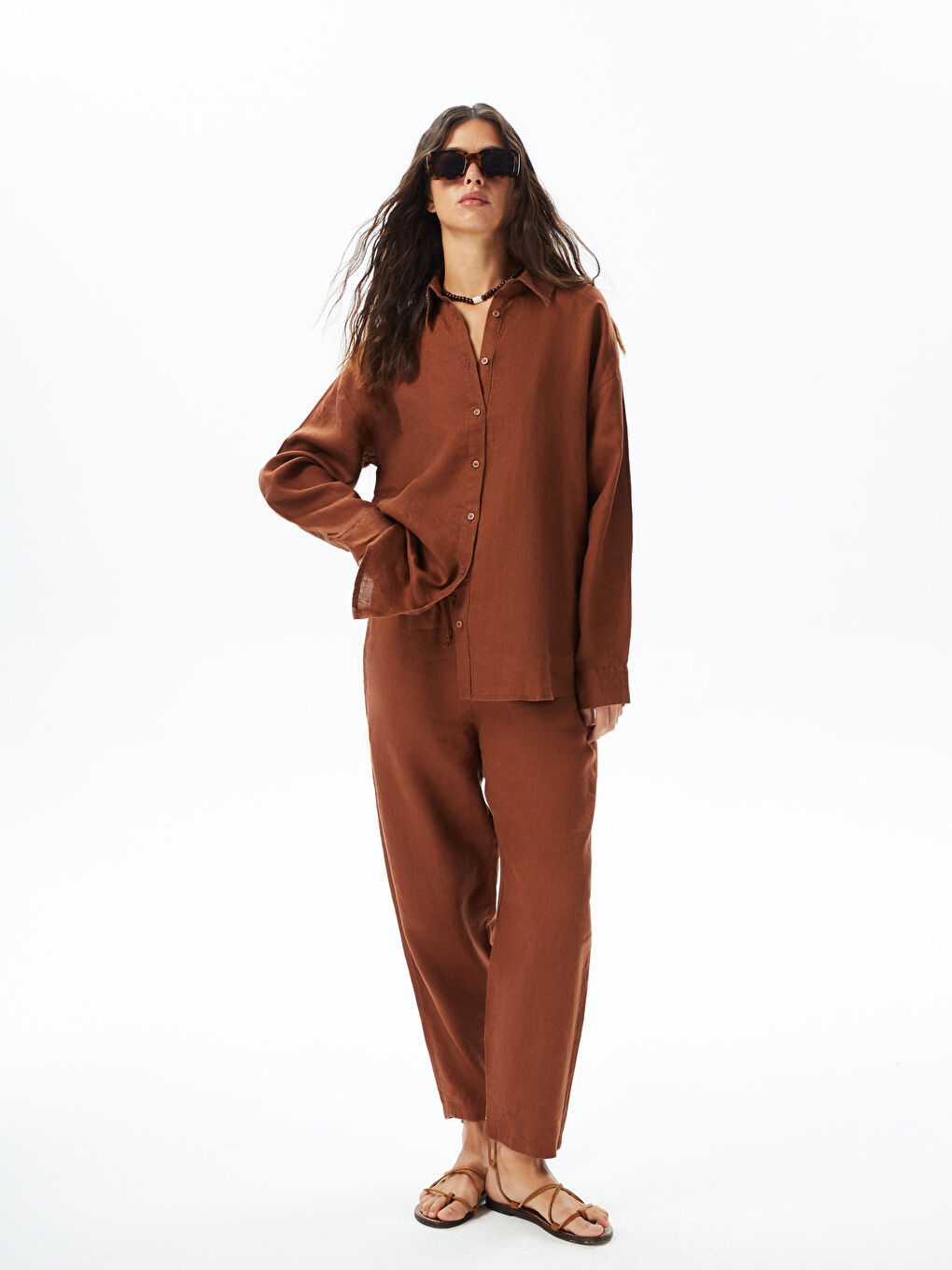 Kahverengi Oversize %100 Keten Kadın Gömlek-6